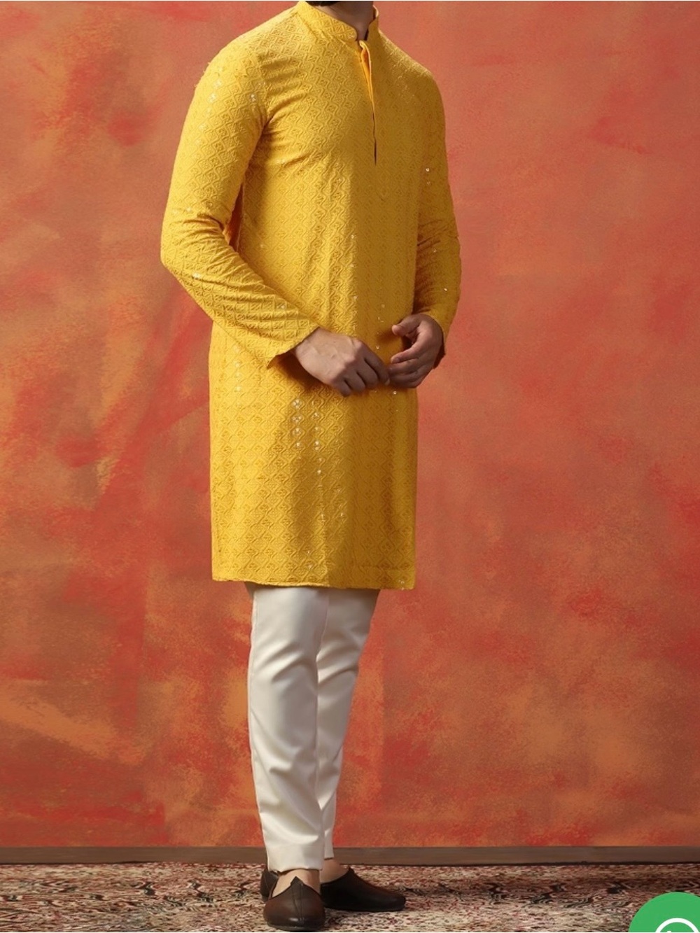 Men's Yellow Cotton Embroidered Kurta Set